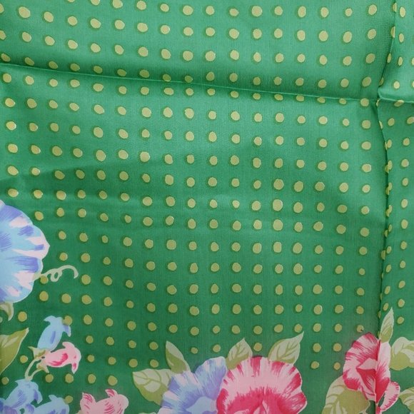 Vintage Silk Scarf Square Green Pink Floral Polka Dot 29"  Hand Rolled - Picture 8 of 10